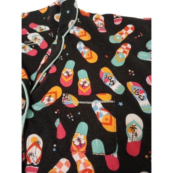 Cuddl Duds Pajama Top Shorts Set Womens Sz S Black Tropical Flip Flops Floral - Picture 4 of 12